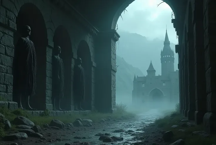 a gruesome, dark castle ruin, shadowy fog, horrible statues line the niches of the castle wall, behind them a breathtaking view of a horror landscape opens up, (film scene from "80s horror film"), (action-packed film scene), (epic fantasy masterpiece), (de...