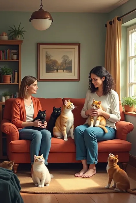 Una grande casa con tanti gatti amati e coccolati, sempre pulita dove vivono due donne gay, una con i capelli castani chiaro corti, ed una un po grassotella con i capelli scuri e ricci e due cani un Jack Russell obeso e un Rhodesian ridgeback