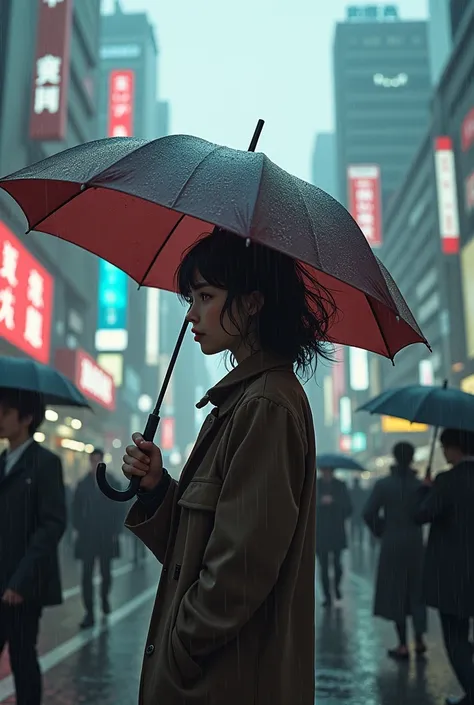 
In Shibuya, a girl struggling with her broken umbrella