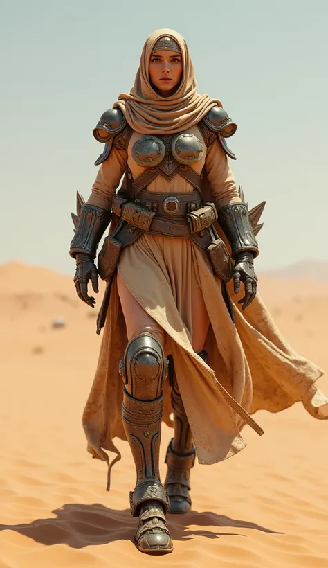 "A majestic hybrid of a desert nomad, a camel, and an off-road truck strides across the dunes. Her body is adorned with flowing robes that merge with the camel’s fur and rugged truck armor. Her legs transform into powerful, sand-resistant wheels, and her a...