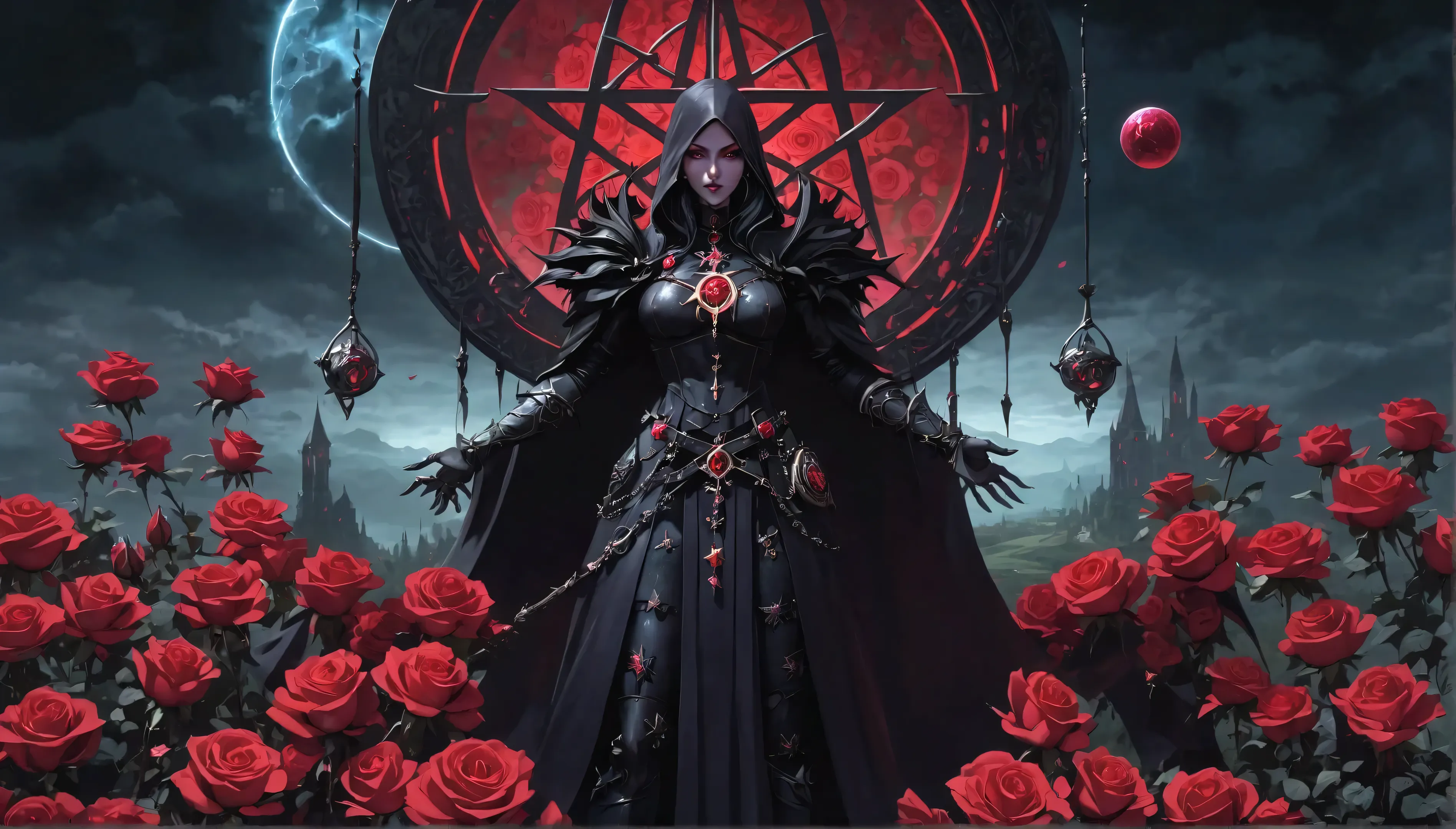 witch standing in a field of red roses with a pentagram, dark fantasy style art, gothic fantasy art, fantasy dark art, dark fant...