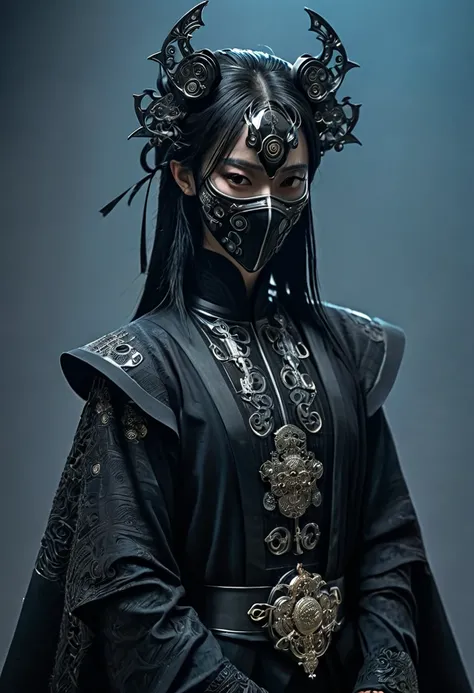 arafed image of a person dressed in a black outfit and a mask, very beautiful cyberpunk samurai, gothic - cyberpunk, orthodox cyberpunk, rococo cyberpunk, ornamental gothic - cyberpunk, ornate cosplay, occult cyberpunk, mystical post apocalyptic cyborg, st...