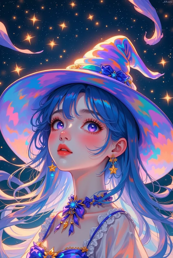 a beautiful anime girl with long blue hair and glowing eyes wearing an iridescent hat, she is looking up at the stars in awe, he...