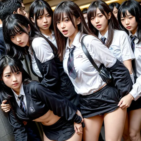 清楚な Japaneseの目がぱっちりした美人女子学生を物色する中年男性たち,   female students are suddenly taken off their school uniforms in front of the public and their sexy underwear is revealed , Female students who are being watched all at once by the public and horny viewers and screa...