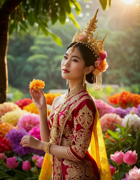 nangsita, Thai tradition dress, detail dress, Royal Thai Headpiece with delicate garlands hanging from it, standing amidst a vibrant royal flower garden with blooming Thai flowers in vivid colors. She gently holds a flower in her hand, her dress adorned wi...