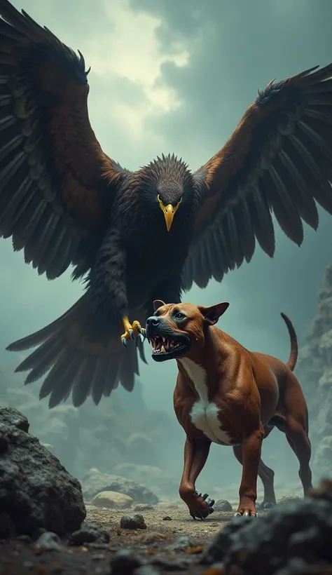 Create an image depicting a fierce confrontation between a pitbull and a kartal (a large eagle), both in an aggressive stance and facing each other with intense expressions. The pitbull stands firm with bared teeth and a low, powerful posture, while the ka...