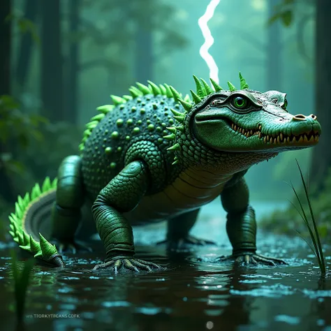  ultra realistic A fearsome fusion of a crocodile and advanced robotics, this hybrid creature features a sleek, armored body with metallic scales that glisten with a glowing emerald hue. Its piercing emerald eyes radiate an intense, cybernetic energy, whil...