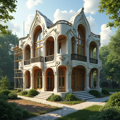 Construction phase of a one-story Art Nouveau house