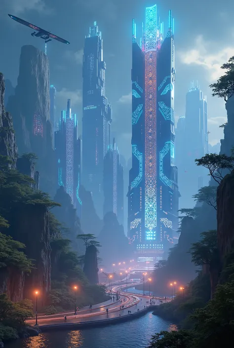 Ultra-detailed, 8k resolution futuristic cityscape on Nova Aeterna, blending ancient cultural architecture with cutting-edge technology. Towering crystalline skyscrapers with intricate lattice designs rise above bioluminescent forests, while hovering vehic...