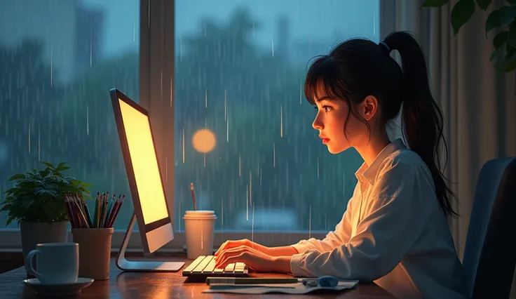  Girl working alone  on a desk bright raining at the background