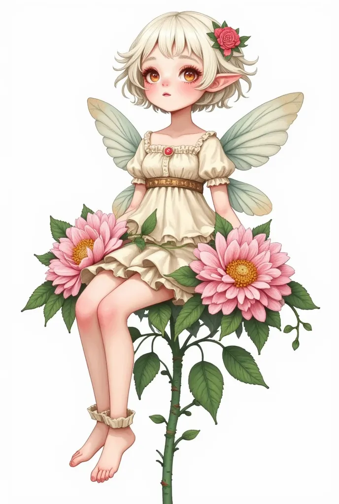 a fairy with wings is sitting on top of large blooming peonies, legs crossed behind her back and wearing an off-white dress with...