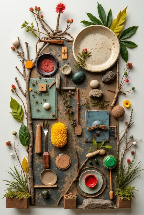 Gather interesting found objects and use them to create a unique artwork. You may use natural materials, household items, or discarded materials.
• Natural materials - leaves, stones, twigs, etc.
• Household items - plastic spoon, fork, plates, etc.
• Disc...