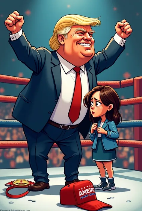 create a funny cartoon of Donald Trump after a boxing fight vs. Kamala Harris. Donald Trump is the winner and Kamala Harris is crying.