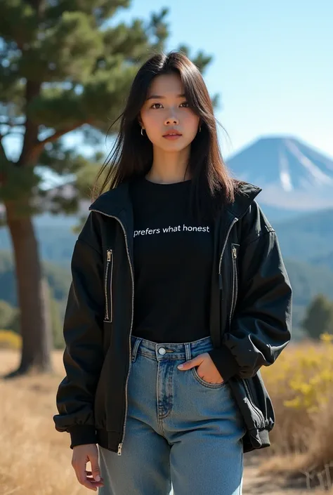  Potrait real photography professional a beautiful Asian woman with straight hair  ,  wears a black t-shirt with the inscription  " prefers to be honest " , black box zipper jacket white box  , pleated jeans and wearing sneakers  , poses standing while put...