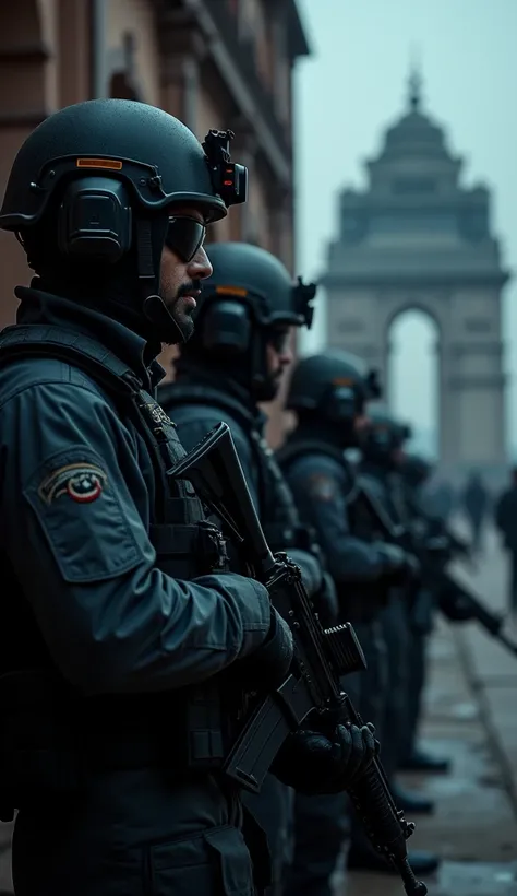 A close-up of Indian Army soldiers in combat gear under the cover of night, preparing for an intense mission near a historic monument."