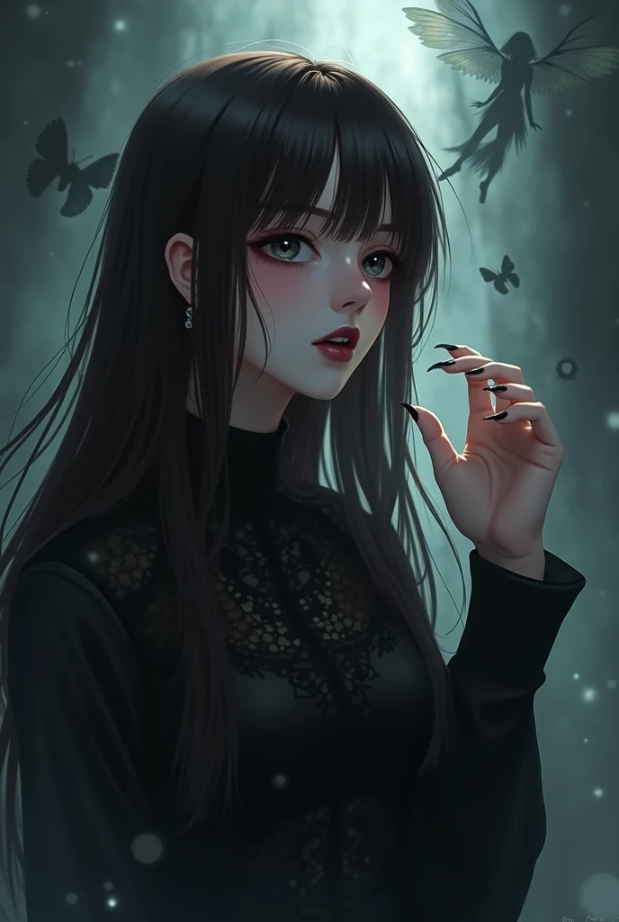  Anime girl with long dark brown hair with straight bangs, black eyes,  black-painted lips , dark clothes, Singing but in her shadow you can see some fairy wings