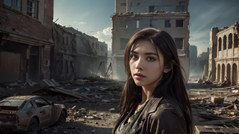 masterpiece, high resolution,8K,(Portrait Photos:1.5),(R Original Photo),Reality,Digital Photography,(Apocalyptic ruins ),City ruins，beautiful 20 year old woman，sentry， post-apocalyptic scene，Close-range photography， broken clothes