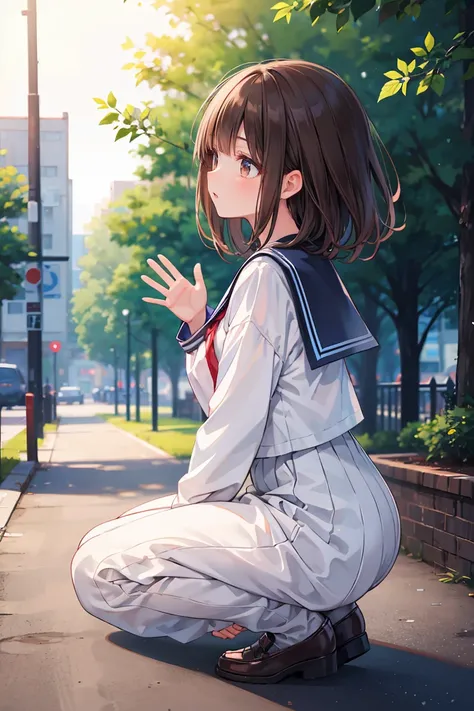 (masterpiece, best quality),1girl, solo,   outdoors , parted lips, black hair, white shirt, serafuku,     brown hair,  depth of field ,  full body, waving of your chest, from side, profile portrait