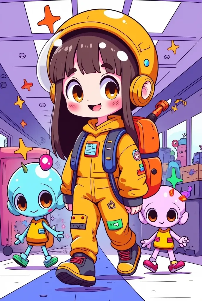 a cute girl in an astronaut costume, carrying luggage and walking through the airport with her alien friends, in the style of ha...