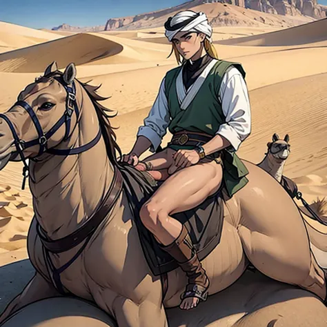 (((a lean european pretty male is riding a camel in arab setting travellin in desert but sudenly an arab covered men joins him a...