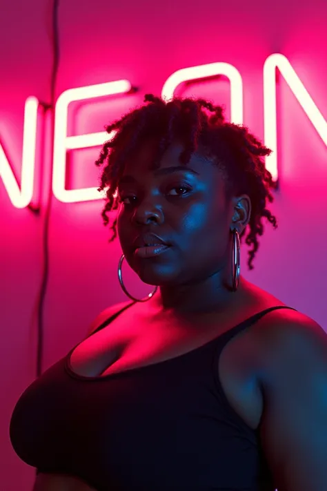 Fat black girl with short dreadlocks in a pink background. Large sign that says neon 