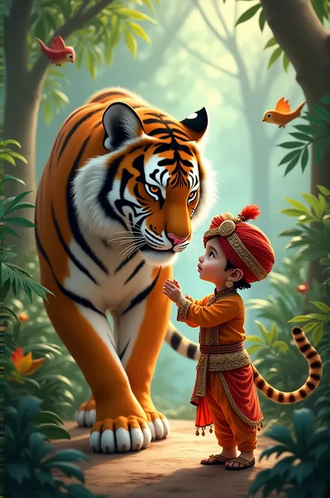 A baby in a vibrant shalwar kameez, a traditional turban, and decorative earrings in both his ears and feet. He holds the tail of a majestic tiger as they stroll through a dense jungle, with birds and other animals watching from a distance.  