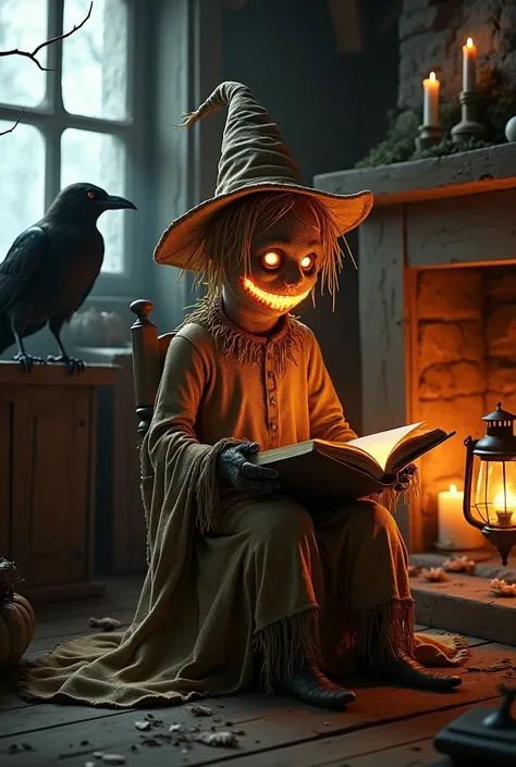 A skinny scarecrow with a head made of a canvas sack and straw hair, having a small sewn mouth, with small fiery eyes, also having an orange light in its mouth, wearing a pointed hat with wide brims as well as old damaged clothes, sitting on an old wooden ...