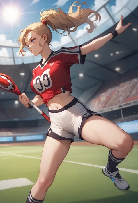 A female soccer player in a maroon and light blue jersey, paired with light white shorts and socks, is captured on the field. She has long blonde dark brown hair tied in a high ponytail and is interacting with a team staff member dressed in black sportswea...