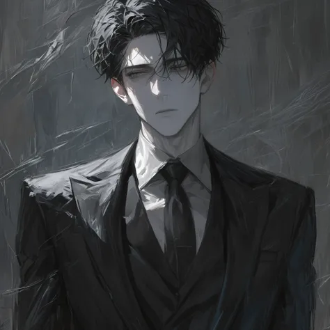 Impasto, short hair, masterpiece, best quality, 1 man, black hair, perfect face, grey eye, handsome male, Alone, pale skin, adult male, upper body, delicate line drawing, Extremely detailed, black suit, CEO, slender figure, cold expression.