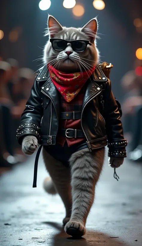 A gray tabby cat rocking a leather jacket with silver studs, a bandana around its neck, and a pair of mini sunglasses. The cat struts down the runway with a guitar-shaped backpack, giving off rock-and-roll vibes with an edgy swagger.
Each outfit captures a...