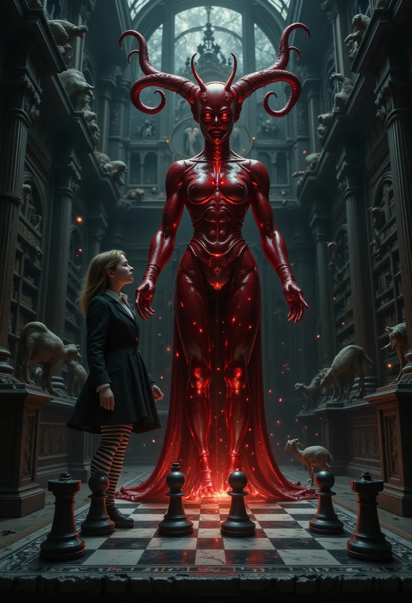 magic style, nightmare, a dark academia chess match where alice faces off against a towering red queen made entirely of blood-re...