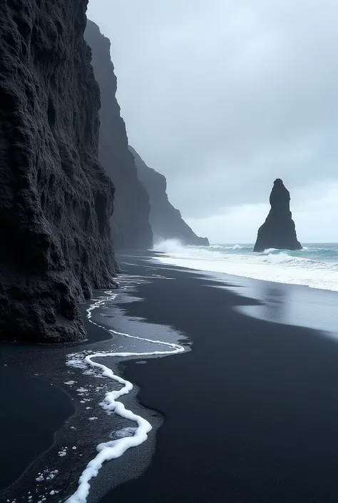 Les plages noires de Reynisfjara, Iceland : Le sable noir volcanique contraste magnifiquement avec les colonnes de basalte qui s’élèvent comme des orgues. The powerful waves of the North Atlantic add drama to this unique landscape..