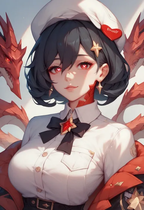  A girl with long black hair ,  red eyes with heart-shaped pupils , extremely beautiful,  with red scales on the cheeks and neck , with elven ears , dressed as an employee from the Honkai Star Rail Alchemy Commission