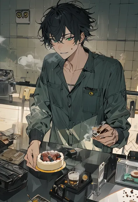 Alone, 1 male, unkempt hair,  black hair, Green Eyes,Short Hair, Long Sleeve , cigarettes, smiley face, cake