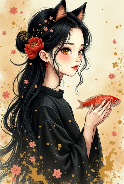 ( Mini fishing Zen style  ), ( Hand-drawn sketch and watercolor style ) , (Rendering, Golden ink dots rendered on giant paper and gold liquid pattern swirls)。( Overall image source Tranquility )。( Flowing long hair in the style of procedure and watercolor ...