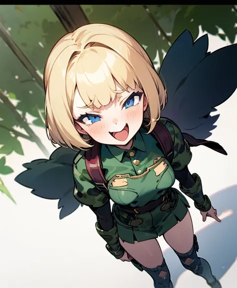  1 girl,  shortcut , Blonde,  blue eyes, Bob Hair,  Blushing ,  frowns, Awkward, dark green camouflage military uniform, miniskirt that snaps around the knee, Very Small Breasts ,The background is a forest, wide angle shot with lots of background,Im wearin...