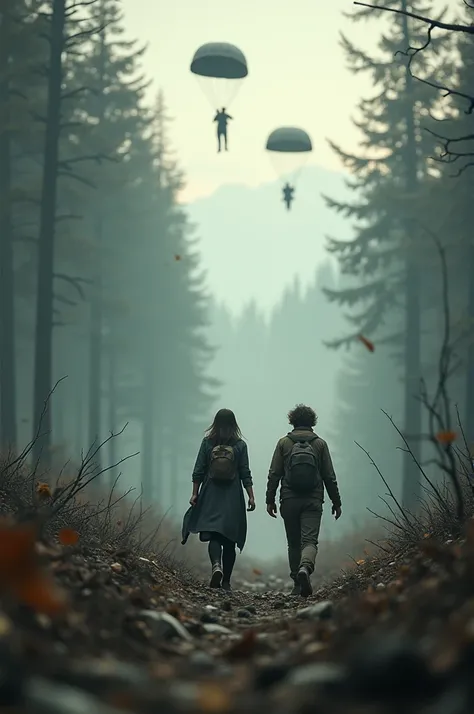 Do you want a blurry background with a devastated forest and two people wandering and some falling from parachutes? 