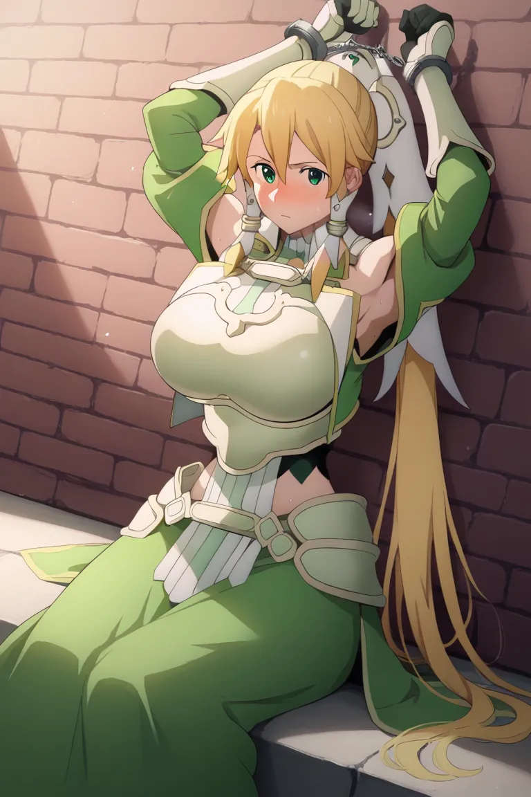 suguha kirigaya, long hair, blonde hair, hair ornament, green eyes, ponytail, hair tubes, bare shoulders, armor, breastplate, de...