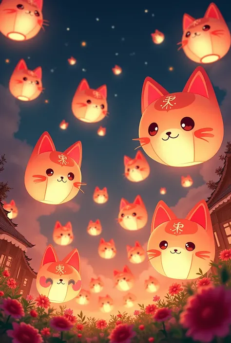 lanternes flottantes, Lanternes flottant au-dessus de la flore, Illustration nocturne vive montrant une scène extérieure festive avec de nombreuses grandes lanternes en forme de mignons chats Chibi qui brillent. Les lanternes sont injectées dun corps davio...