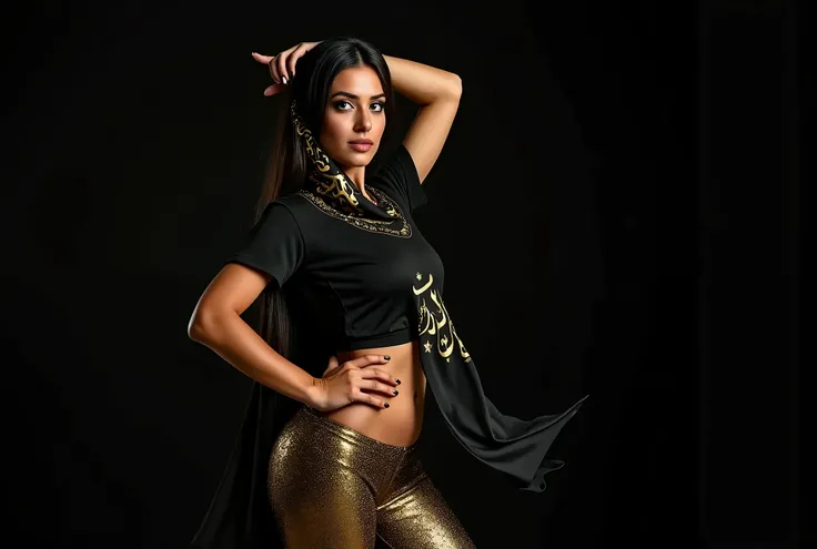 Photo of a beautiful and stunning Arab girl,  She is wearing a black t-shirt and gold leggings with Arabic writing on them ..., odalisca sexy, expressive eyes of bright green color,   beautiful eyes with a sexy and sensual look with heavy black makeup ON T...