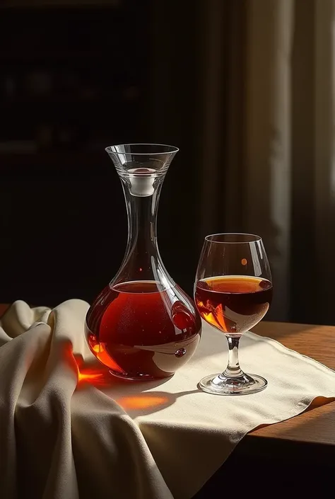 Une photo comme une peinture d’une carafe en
Cristal et d’un verre a pied avec du vin dedans posés sur une table en bois avec une nappe dans la penombre avec une seule source de lumiere. 