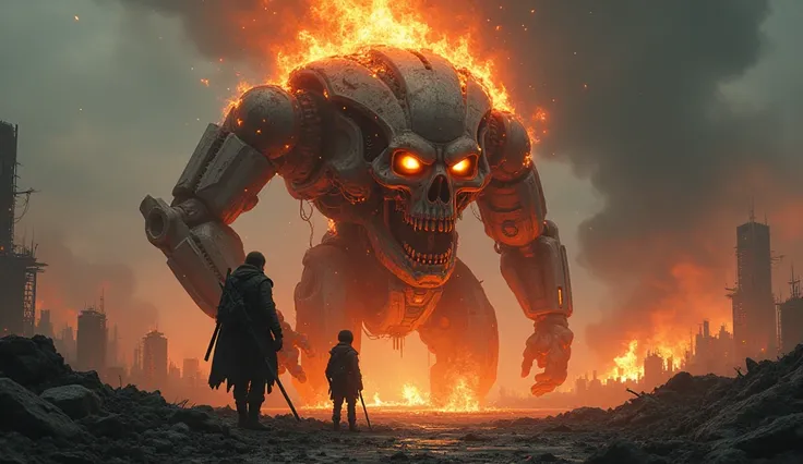 ```
A father and son , battle-worn attire stand amidst the ruins of a city, dwarfed by a colossal, flaming robotic skull.  The skull, a complex mechanism of metal and fire, dominates the scene, its glowing eyes radiating an ominous aura.  One figure, armed...