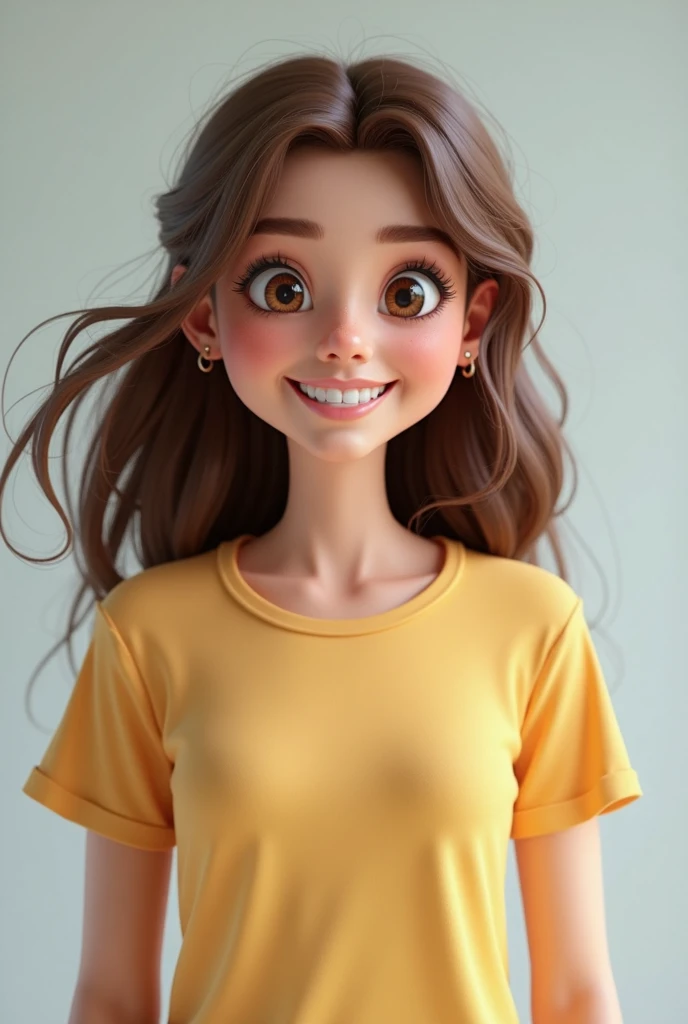 3D girl-designer with brown eyes and hair, without hat, smile, full length, tshirt
