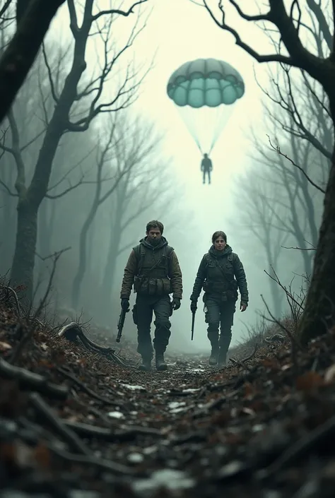 Do you want a blurry background with a devastated forest and two people wandering around with weapons in their hands and some falling from a parachute? 