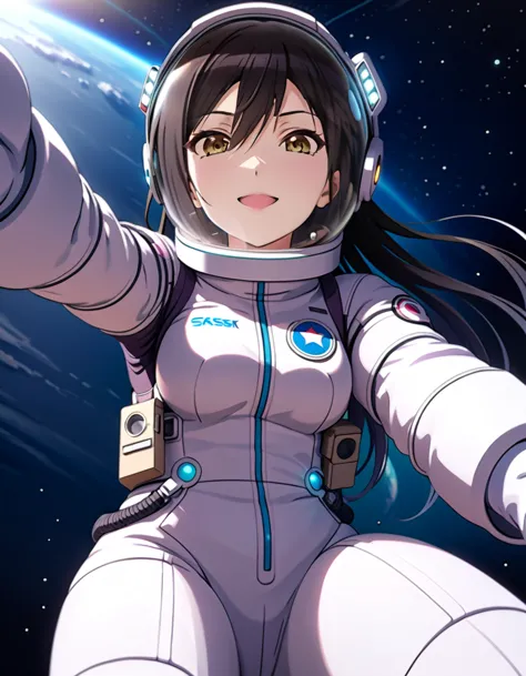 (spacesuit:1.15), white cargo pants, astronaut)bubble helmet, space helmet, white gloves , , looking close at you, outer space, ...