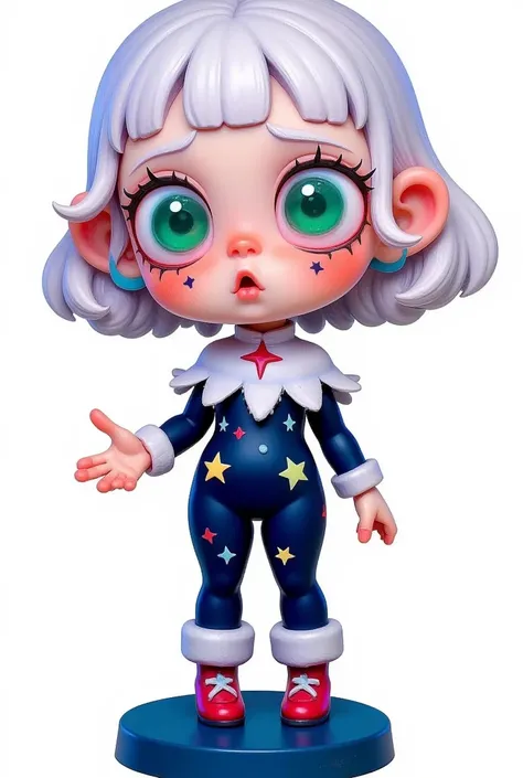 A cute chibi girl harlequin character in an elegant pose, wearing shoes with red and blue details, standing on the base of her figurine. She has white hair and green eyes, dressed in navy blue attire adorned with stars and diamonds. The background is plain...