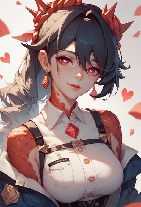  A girl with long black hair ,  red eyes with heart-shaped pupils , extremely beautiful,  with red scales on the cheeks and neck , with elven ears , dressed as an employee from the Honkai Star Rail Alchemy Commission