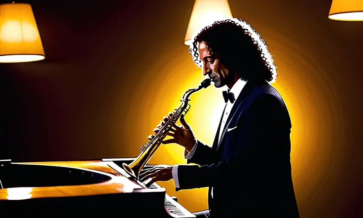 silhouette of Kenny G in stable calm jazz bar 