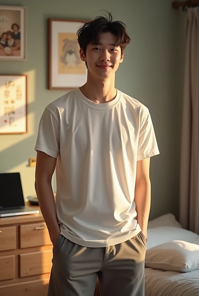 A cute guy, 20 year old,korean, bedroom, wearing shorts and tshirt