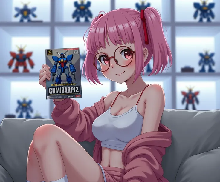 :::PROMPT:::
A photo of a beauty Japanese girl. A sweet cute girl, smiling, holding up a Gunpla box. She has short pink hair, blunt bangs, twin tails.She has big round glasses, She is wearing a white low cut tank top, thin straps, pink jacket, running shor...